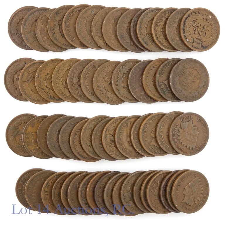 1890 - 1908 US Indian Head Cents (G-VF), 58: Fifty-eight (58) United States copper Indian head cents (Philadelphia Mint) in mega roll. Per consigner, date range 1890 to 1908, all handpicked from rolls in G - VF condition, and NO CULLS. *** Lot 1