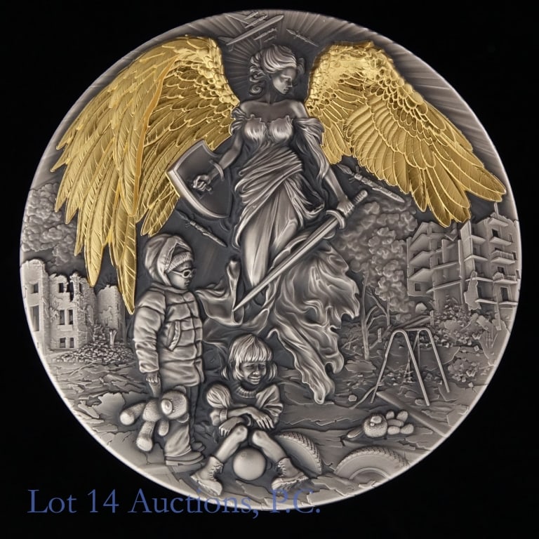 2023 Cameroon 99%-Silver, 2 Ozt. Bullion Coin: 2023-TS Cameroon silver guardian angel commemorative 2000 francs bullion coin (T & S Coin Mint - Lithuania) in OGP with COA. Obverse: coat of arms of Cameroon on shield. Reverse: flying angel holding 