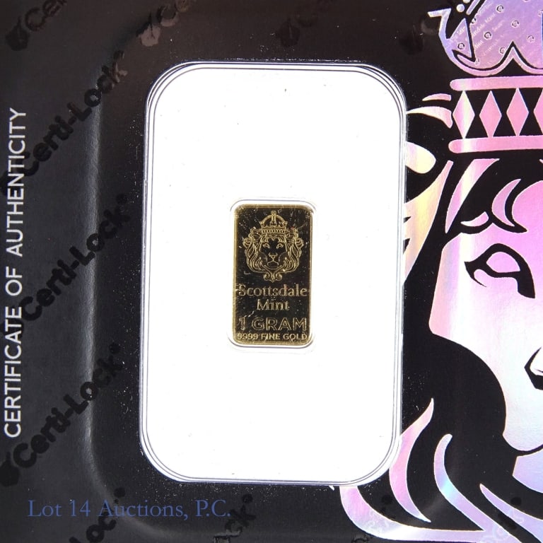 99.99% Gold 1.0 Gram Ingot (Scottsdale Mint): United States gold ingot (Scottsdale Mint). Metal is .9999 gold and weighs 1.0 gram. (Cert-lock COA s/n 98126529622). ASW 0.322 Ozt. *** Lot 14 Auctions is not a professional numismatic grading agency