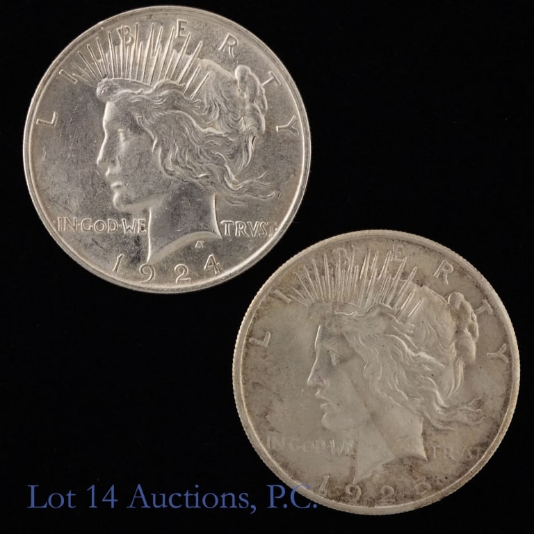1924 & 1925 US Silver Peace Dollars, 2: Two (2) United States silver peace dollars (Philadelphia Mint). Metal is 90% silver with estimated lot ASW of 1.55 ozt. Details and consigner condition information as follows: ---1924 (P) in BU condit