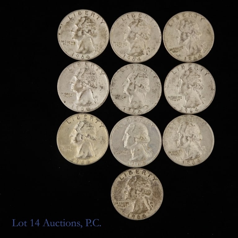 US 90%-Silver Washington 25c (ASW 1.8 Oz), 10: Ten (10) United States 90%-silver Washington quarters. Estimated actual silver weight is 1.8 troy ounces. *** Lot 14 Auctions is not a professional numismatic grading agency. Consigner descriptions ar