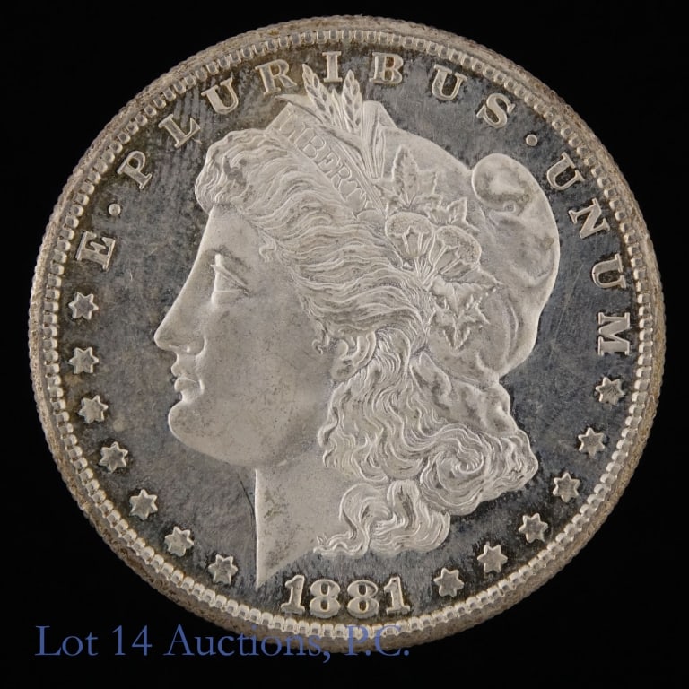 1881-S US Silver Morgan Dollar: 1881-S United States silver Morgan dollar (San Francisco Mint). *Per consigner, super clean cheek in CH BU cameo P/L condition on both sides. Metal is 90% silver (ASW = 0.7734 ozt.). Mintage is 12,760