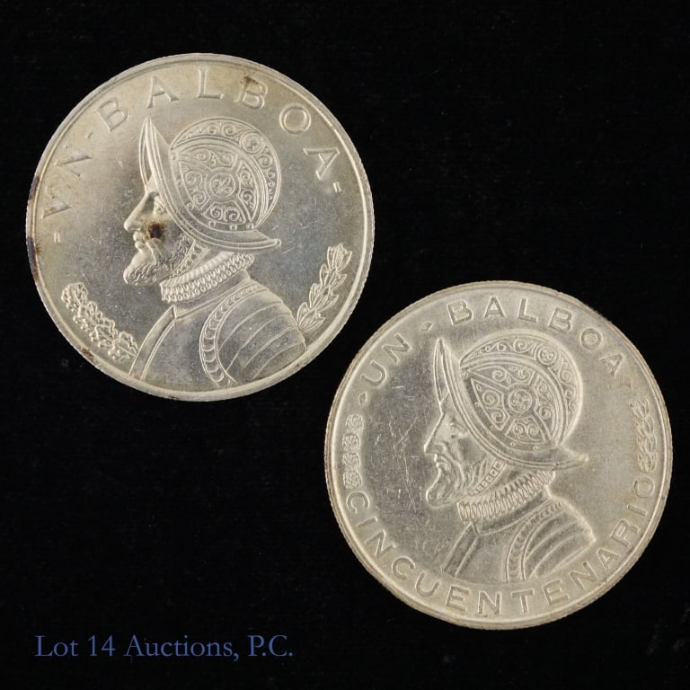 1953 & '66 Panama 90%-Silv 1 Balboa ASW 1.5 Oz, 2: 1953 and 1966 Republic of Panama silver un Balboa. Metal is 90% silver, weighs 26.73 grams, and diameter 38.1 mm. Silver content confirmed on Lot 14 Auctions electronic metal verifier. Lot's estimated