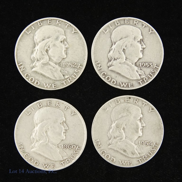 1952d-1960d US Silv Franklin 50c (ASW 1.4 Ozt), 4: Four (4) United States 90%-silver Franklin half dollars (Denver Mint) as follows: ---1952-D, ---1953-D, --1954-D and ---1960-D. Estimated ASW 1.4 troy ounces. *** Lot 14 Auctions is not a professional