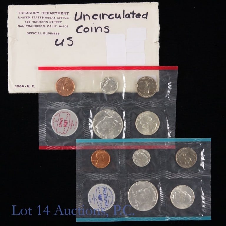 1964 P,D US 90%-Silver Unc. 10-Coin Mint Set: 1964 P, D United States 90%-silver uncirculated 10-coin mint set (Philadelphia, Denver Mints) in original blister packs and govt packaging (five coins from each mint). Mintage is 1,008,108. Total ASW 