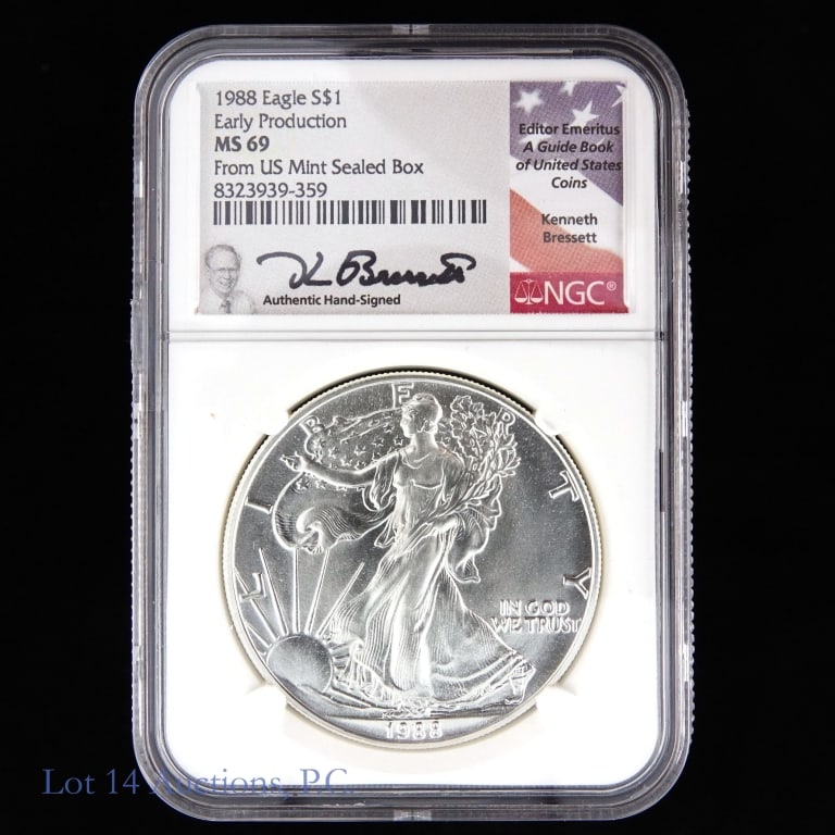 1988 Amer Silv Eagle $1 Bullion (NGC MS 69): 1988 American silver eagle dollar bullion coin (Philadelphia Mint). NGC graded MS 69 early production and hand signed by Kenneth Bressett. Metal is 99.3% silver and weighs 31.103 grams. Mintage 5,004,