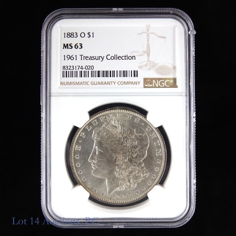 1883-O US 90%-Silver Morgan Dollar (NGC MS 63): 1883-O United States silver Morgan dollar (New Orleans Mint). NGC graded MS 63. Metal is 90%-silver (ASW 0.7734 ozt.). Mintage 8,725,000. Greysheet demand is strong for O-mint Morgan dollars and whole