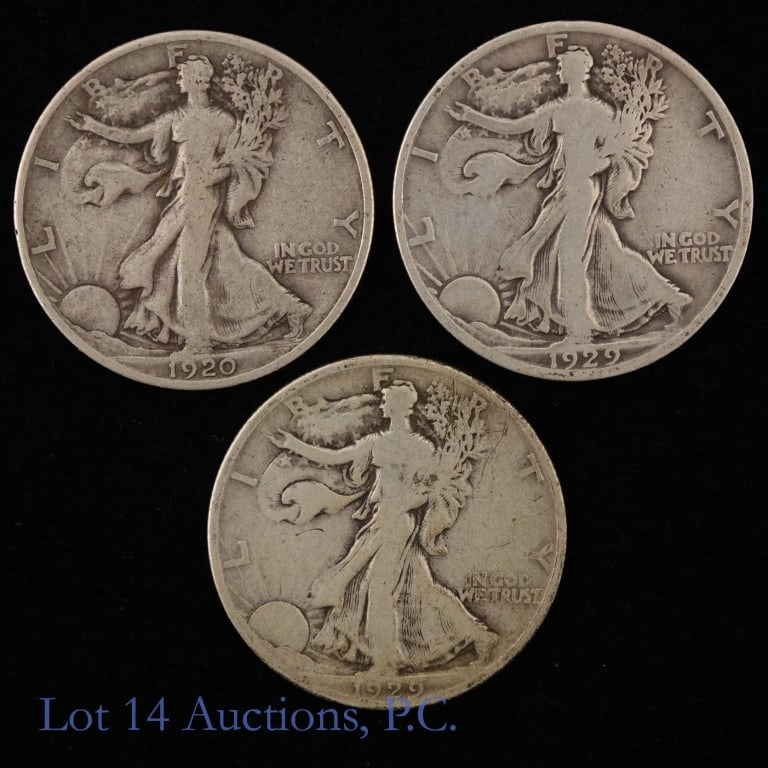 1920, '29-d & '29s US Silver W/L 50c (3): Three (3) United States 90%-silver walking liberty half dollars (Philadelphia, Denver, San Francisco Mints). Per consigner, tough dates to find with full dates and rims, no rim bumps. Dates, consigner