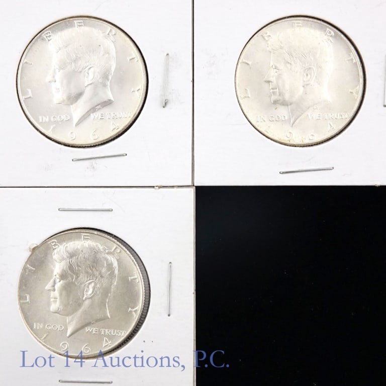 1964 US 90%-Silv Kennedy Half Dollars (BU), 3: Three (3) 1964 (P) 90%-silver Kennedy half dollars (Philadelphia Mint). Per consigner, in BU condition. Estimated ASW is 1.085 troy ounces. *** Lot 14 Auctions is not a professional numismatic grading