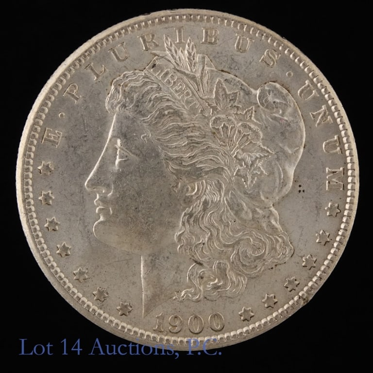 1900 (P) US Silver Morgan Dollar: 1900 (P) United States silver Morgan dollar (Philadelphia Mint). *Per consigner, has good luster in BU condition. Metal is 90% silver with ASW 0.7734 troy ounces. Mintage 8,830,000. *** Lot 14 Auction