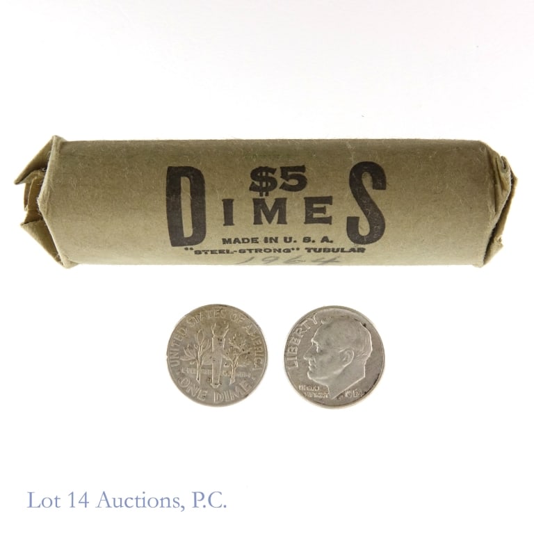 1964 US 90%-Silver Roos. 10c (ASW 3.6 Ozt), 50: Fifty (50) 1964 United States 90%-silver Roosevelt dimes in bank wrap. Estimated ASW 3.6 troy ounces. *** Lot 14 Auctions is not a professional numismatic grading agency. Consigner descriptions are pr