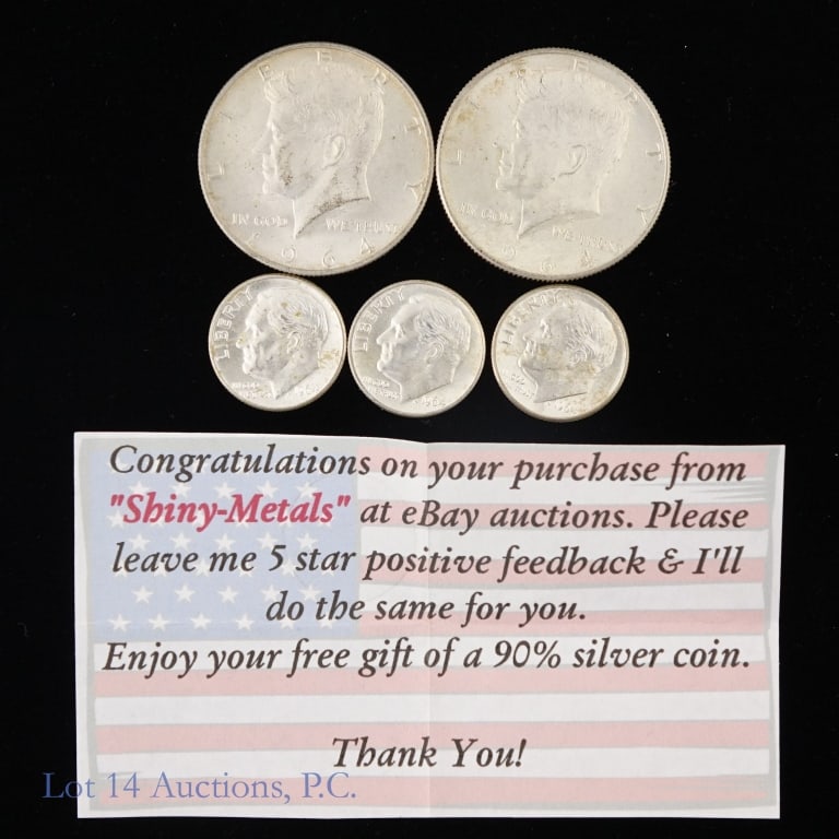 1964 US 90% Silv 50c & 10c Coins (ASW 0.9 Ozt), 5: Five (5) 1964 United States 90%-silver dimes and half dollar coins as follows: ---Kennedy 50c (2); and ---Roosevelt dimes (3). Lot estimated ASW is 0.9 troy ounces. *** Lot 14 Auctions is not a