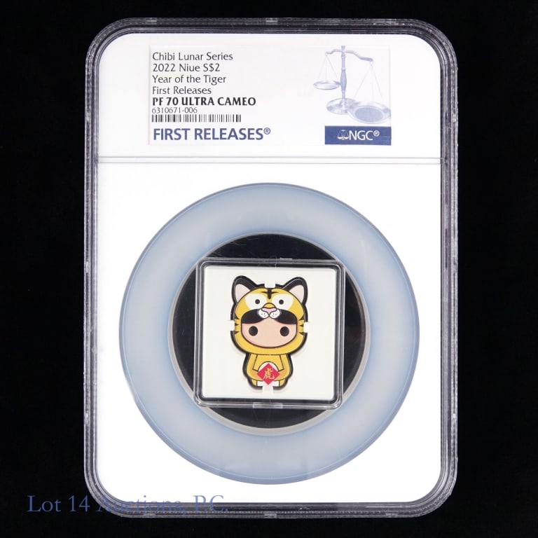 2022 New Zealand 99% Silver $2 Bullion (NGC PF70): 2022 Niue $2 silver bullion Chibi coin (New Zealand Mint). NGC graded PF 70 ultra cameo - first release. Year of the tiger series. Metal 99.9% silver (ASW 1.o ozt.) Released on behalf of Niue, a