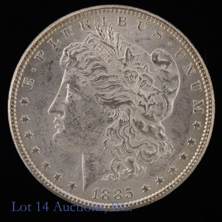1885 (P) US Silver Morgan Dollar (BU Good Luster): 1885 (P) United States silver Morgan dollar (Philadelphia Mint). *Per consigner, in BU condition with good luster. Metal is 90% silver with ASW 0.7734 troy ounces. *** Lot 14 Auctions is not a profess