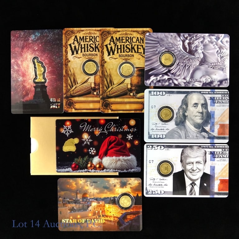 Various World Gold Bullion Coins & Rounds, 8: Eight (8) world gold bullion small denomination coins and rounds. Metal is 99.99%-gold and weighs 1/1000 troy ounces each as follows: ---Liberia gold rounds (3); ---Niue (Polynesia) 50 cents (4); and