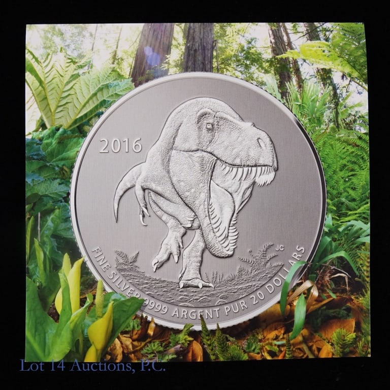2016 Canada Silver T-Rex $20 Coin in OGP: 2016 Canada silver specimen Tyrannosaurus Rex commemorative $20 coin (Royal Canadian Mint) in OGP. Part of the RCM's "$20 for $20" collection. Metal 99.99% silver, weighs 7.96 grams and diameter 27 mm