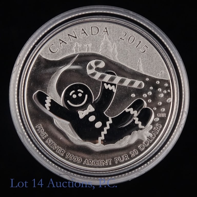 2015 Canada Silver Gingerbread Man $20 Coin in OGP: 2015 Canada silver specimen Gingerbread Man commemorative $20 coin (Royal Canadian Mint) in OGP. Reverse features the Gingerbread man in winter sliding downhill with candy cane in the left hand. Part