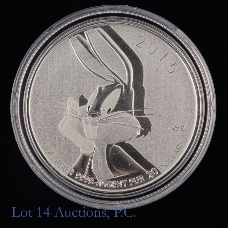 2015 Canada Silver Bugs Bunny $20 Coin in OGP: 2015 Canada silver specimen Bugs Bunny commemorative $20 coin (Royal Canadian Mint) in OGP. Reverse features iconic portrait of Bugs Bunny, the Warner Brothers animated cartoon character. Part of the 