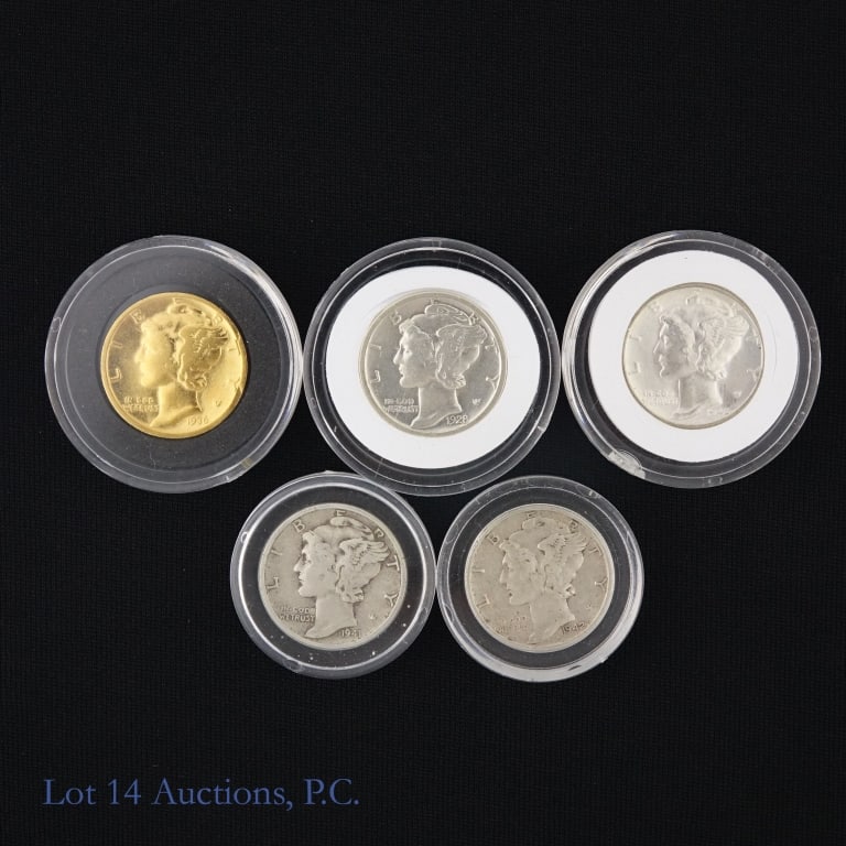 1928 - 1945 US 90%-Silver Mercury Dimes, 5: Five (5) United States 90%-silver mercury dimes (Philadelphia, San Francisco Mints) as follows: ---1928-s, ---1936 (gold plated), ---1941 (P), ---1942-s, and ---1945 (P). ***Lot 14 Auctions is not a p