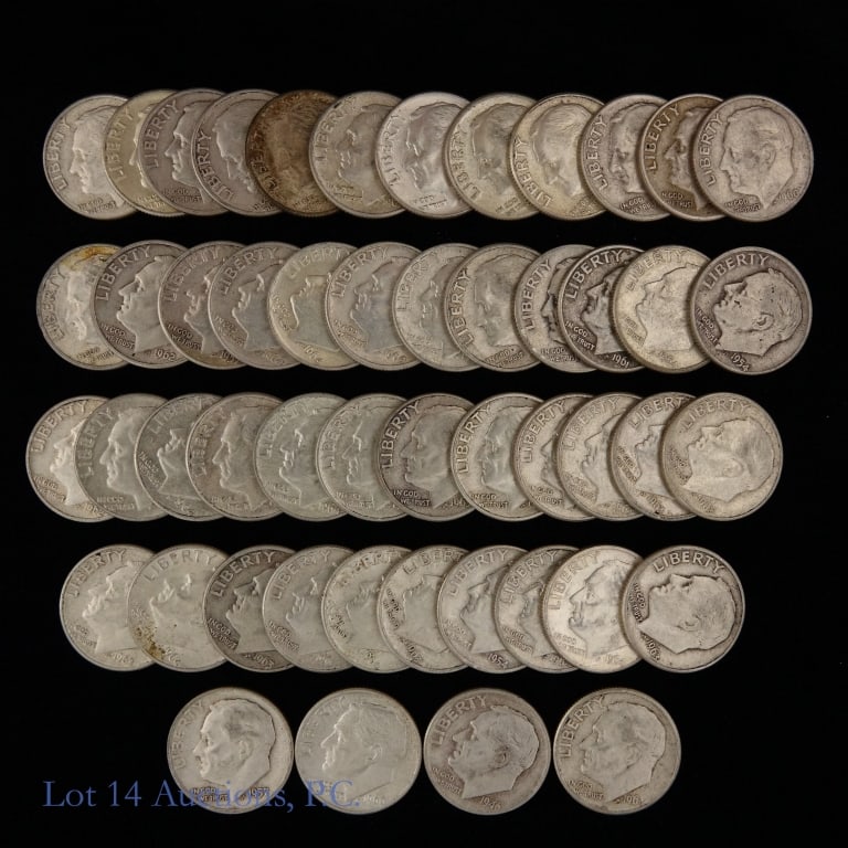 US 90%-Silver Roosevelt 10c (ASW 3.6 Ozt), 50: Fifty (50) United States 90%-silver Roosevelt dimes in plastic coin roll holder. Estimated ASW 3.6 troy ounces. *** Lot 14 Auctions is not a professional numismatic grading agency. Consigner descripti