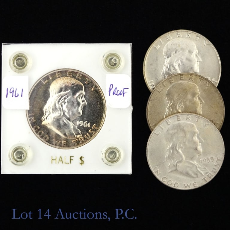 US Silver Franklin Half Dollars - Better Dates, 4: Four (4) United States silver Franklin half dollars (Philadelphia, Denver Mints) as follows: ---1955 (P) key date (AU+ FBL?); ---1960 (P) lightly toned (CH BU); ---1961 (P) proof in Lucite holder for 