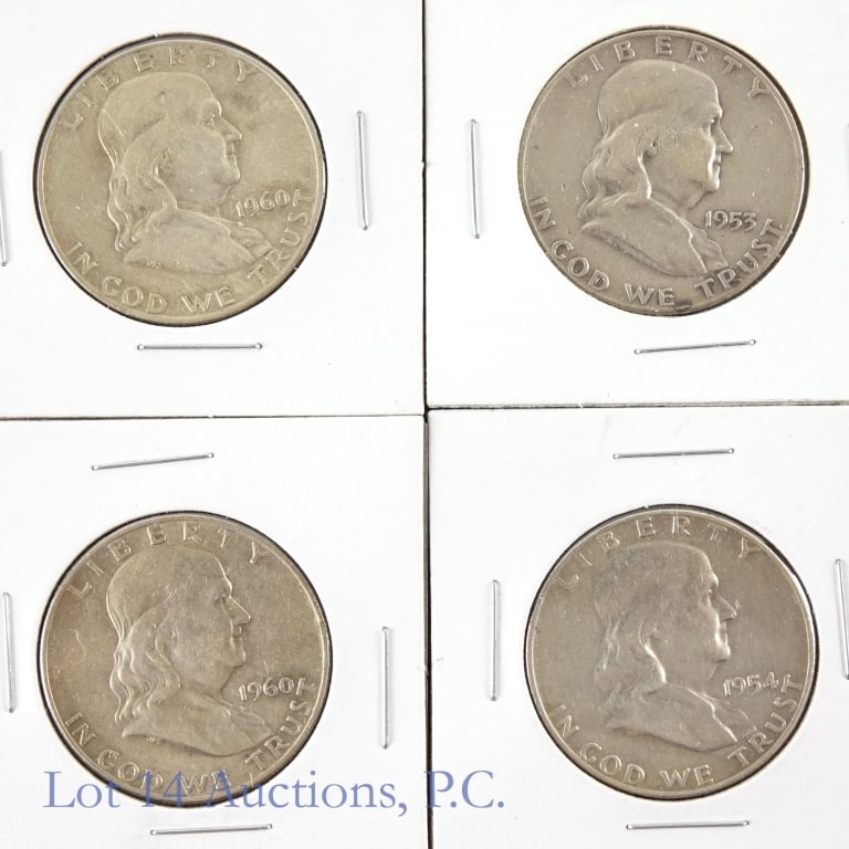 1953 - 1960 US 90%-Silver Franklin 50c (4): Four (4) United States 90%-silver Franklin half dollars (Denver Mint) with estimated ASW of 1.4 troy ounces as follows: ---1953-d, ---1954-d, and ---1960-d (2). *** Lot 14 Auctions is not a profession