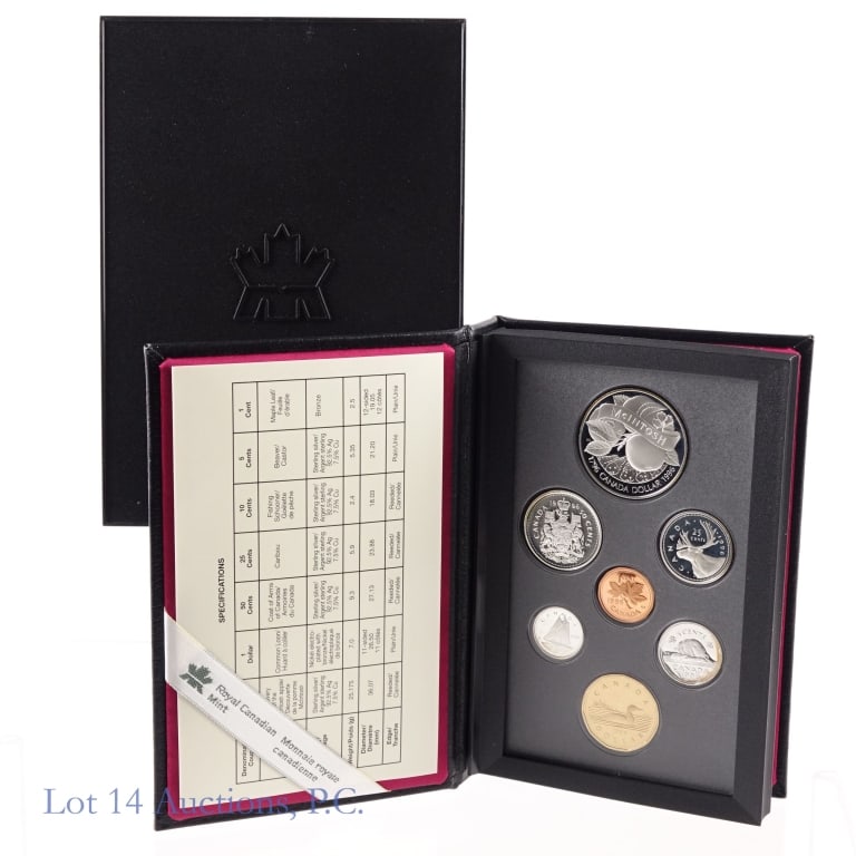 1996 Canada 7-Coin Proof Set Silver MacIntosh $1: 1996 Canada 7-coin proof specimen set (Royal Canadian Mint) in OGP with COA. Includes 92.5% silver discovery of the McIntosh Apple commemorative dollar. (ASW 0.749 ozt.) *** Lot 14 Auctions is not a p