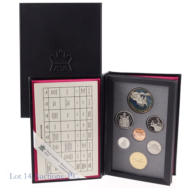 1992 Canada 7-Coin Proof Set Silv Stagecoach $1: 1992 Canada 7-coin proof specimen set (Royal Canadian Mint) in OGP with COA. Includes 92.5% silver Kingston stagecoach service commemorative dollar. (ASW 0.749 ozt.) *** Lot 14 Auctions is not a profe