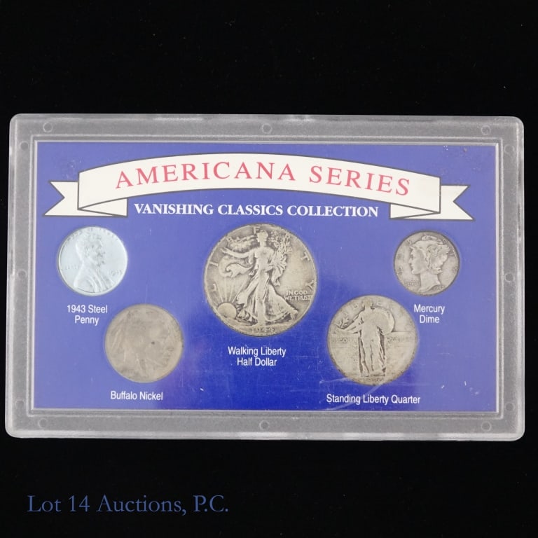 US 90%-Silver 5-Coin Set (Est. ASW 0.60 Ozt.): United States 5-coin type set from the Vanishing Classics Collection - Americana Series. Includes the 1944 (p) walking liberty 50c, 1926 (p) standing liberty 50c, 1942 (p) mercury dime, 1937 (p) buffa