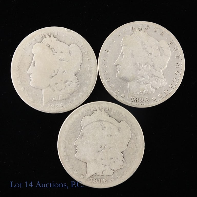 1886o, '88o & '89o Silver Morgan $1 ASW 2.2 Oz, 3: Three (3) United States 90%-silver Morgan dollars (New Orleans Mint) as follows: ---1886-o, ---1888-o, and ---1889-o. Silver content confirmed on Lot 14 Auctions electronic metal verifier and weighs 7