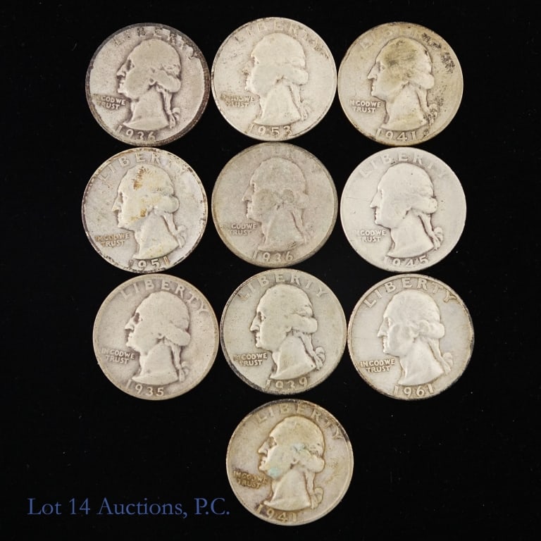 US 90%-Silver Washington 25c (ASW 1.8 Oz), 10: Ten (10) United States 90%-silver Washington quarters. Estimated actual silver weight is 1.8 troy ounces. *** Lot 14 Auctions is not a professional numismatic grading agency. Consigner descriptions ar