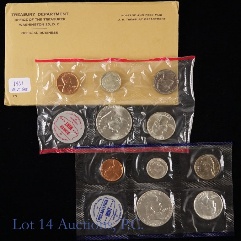 1961 P,D US 90%-Silver Unc. 10-Coin Mint Set: 1961 P, D United States 90%-silver uncirculated 10-coin mint set (Philadelphia, Denver Mints) in original blister packs and govt packaging (five coins from each mint). Per consigner, in CH to Gem BU c