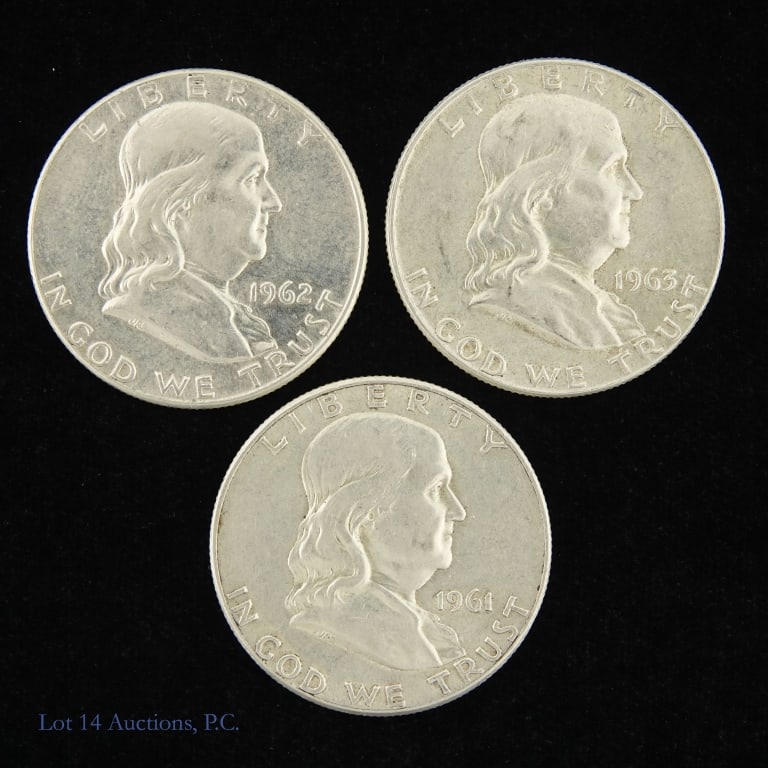 1961-1962 US Silver Franklin 50c (ASW 1.0 Ozt), 3: Three (3) United States 90%-silver Franklin half dollars (Philadelphia, Denver Mints) as follows: ---1961 (P), ---1962 (P) and ---1962-D. Estimated ASW 1.0 troy ounces. *** Lot 14 Auctions is not a pr