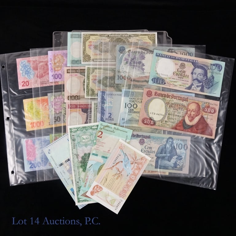 Various South American Bank Notes (25): Twenty-five (25) various South American currencies (with select years in parentheses) as follows: ---Argentina pesos bank notes: --10, --20, --50, --100, --200, --500, and --1000 (subtotal 7); ---Boli