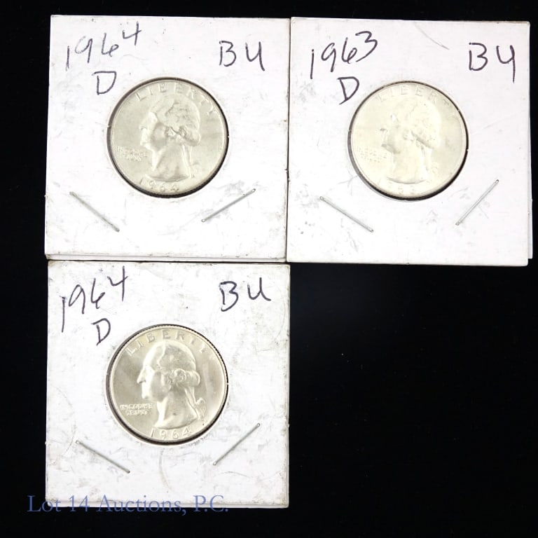 1963d & 1964d US Silver Washington 25c (BU), 3: Three (3) 1963-D & 1964-D United States 90%-silver Washington quarters (Denver Mint). Per consigner, in BU condition. Estimated lot ASW is +0.5 troy ounces. *** Lot 14 Auctions is not a professional n