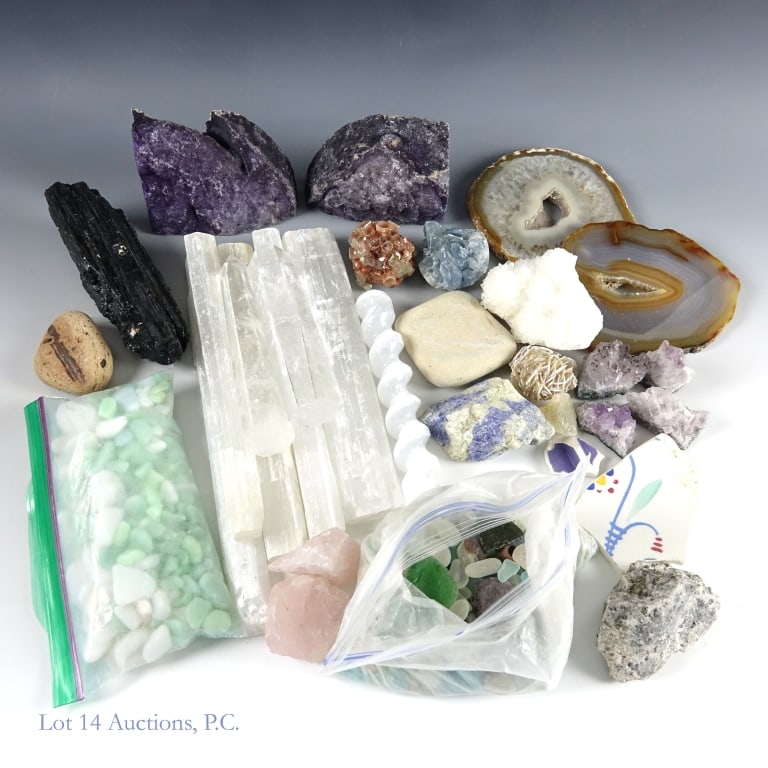 Rocks, Crystals, Minerals, Etc: Large collection of rocks, crystals, minerals, geodes, and more. Includes black tourmaline, selenite, Brazilian agate, purple agate, Aragonite cluster, celestite, and more. Specimens range from