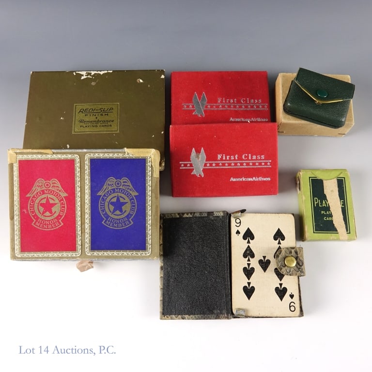 Seven Boxes Vintage Playing Cards: Seven boxes of vintage playing cards, some branded with things like American Airlines, Chicago Motor Club, Paul Machine Tool & Die Works, and more. One of the sets has pictures featuring nude women.