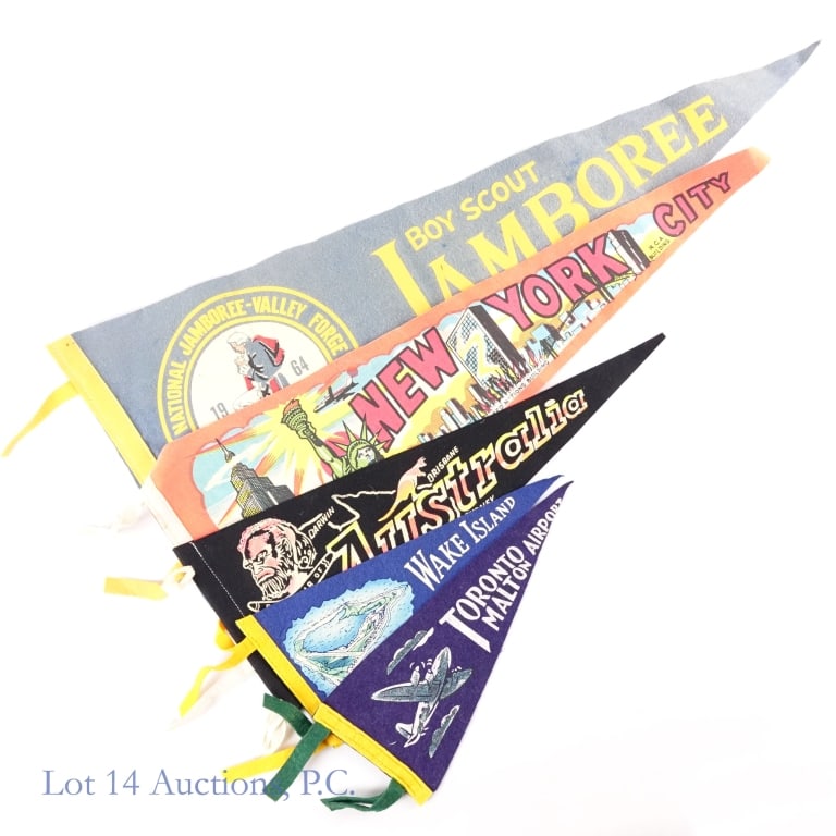 Vintage Travel & Boy Scout Pennants (4+1): Boy Scouts National Jamboree Valley Forge 1964 pennant, approximately 29" long *** Vintage New York City pennant, approximately 26" long *** Vintage Australia pennant, approximately 18" long *** Vinta