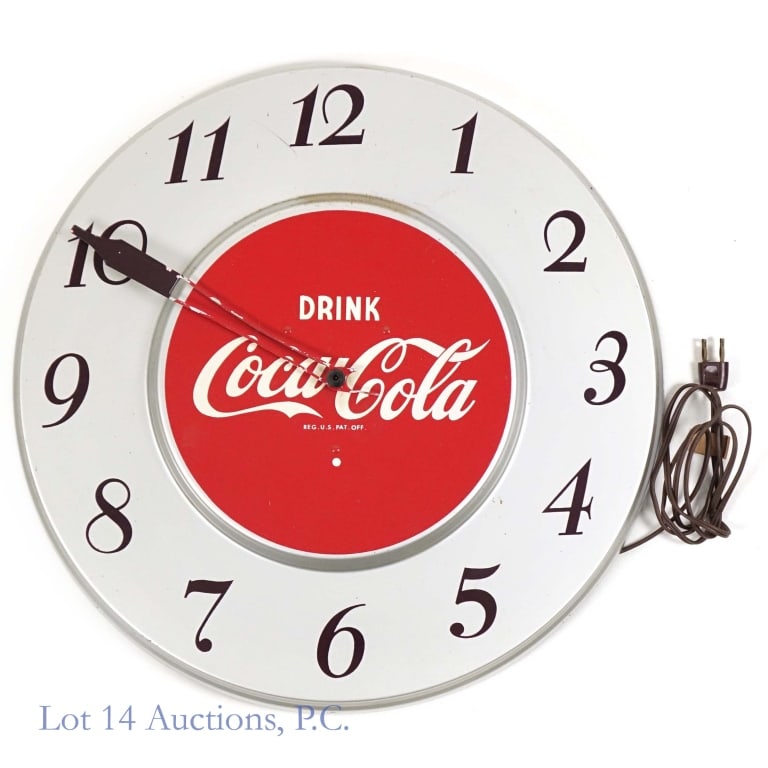 1950s Drink Coca-Cola GE Advertising Wall Clock: 1950s Drink Coca-Cola advertising wall clock. Original General Electric Bakelite movement and cord. Silver dial with iconic Coca-Cola logo on red center. Clock works but the hour hand is broken. See