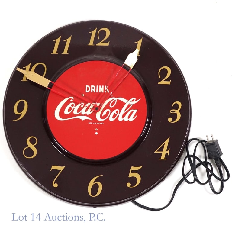 1950s Drink Coca-Cola Telechron Advert Wall Clock: 1950s Drink Coca-Cola advertising wall clock. Original Telechron Bakelite movement. Maroon dial with iconic Coca-Cola logo on red center. Clock works but the hour hand is slightly bent and may be