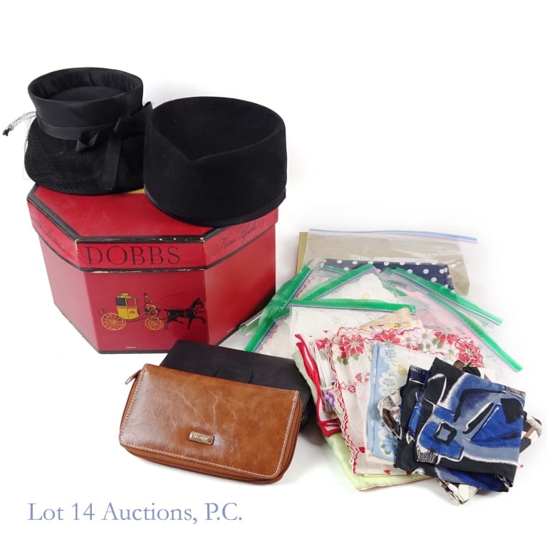 Vintage Women's Fashion - Dobbs Hat, Gloves, More: Large lot of various women's fashion, including: two hats in one large Dobbs hat box, tagged Merrimac and Valerie Modes; three sets of white evening gloves, one in a bag labeled Brentshire; a large