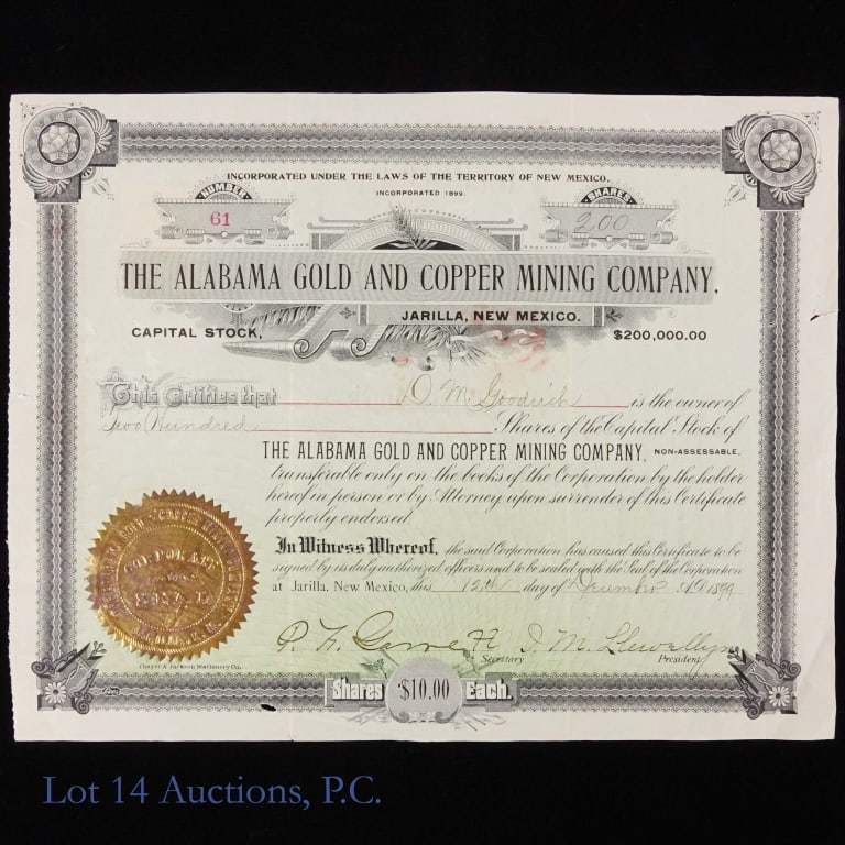 P. Garrett -Shot Billy the Kid Signed Mining Stock (1 of 9)