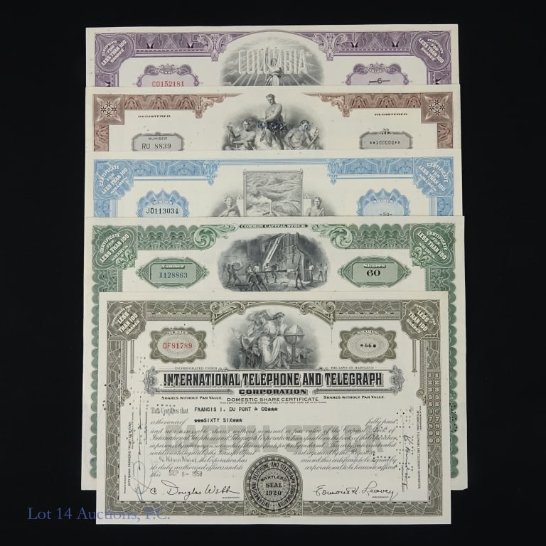 20th c. American Companies Stock Certificates (5): 5 stock certificates from various American companies across the 20th century. The first is a 1949 United States Steel Corporation bond certificate. The second is a 1958 International Telephone And Tel