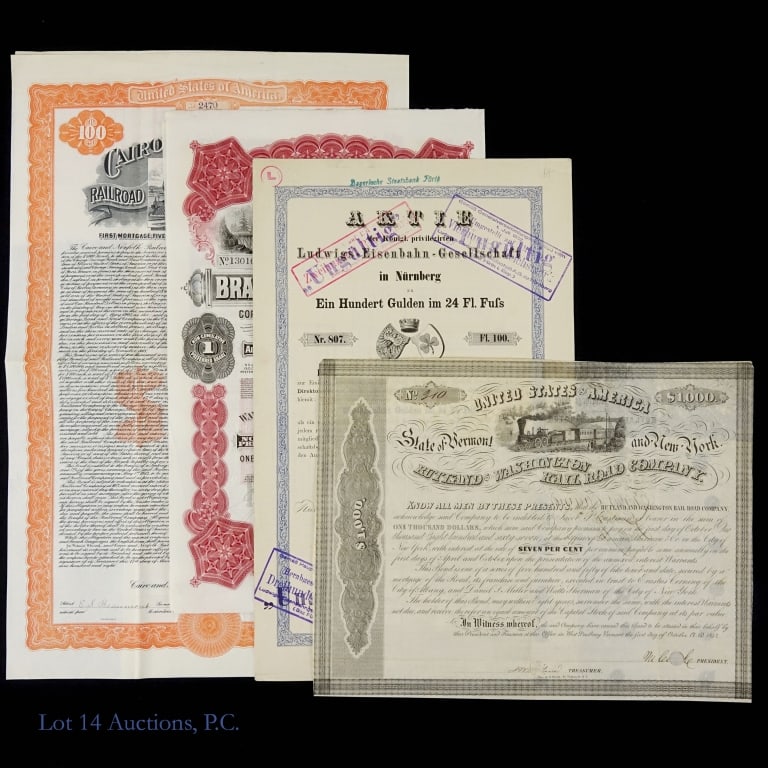 1800s / 1900s Railroad Co. Stock Certificates (4): Four stock certificates from the late 1800s or early 1900s from various railroad companies in different countries. The first is a German certificate issued in 1869 for the Ludwig Railway Company in Ba