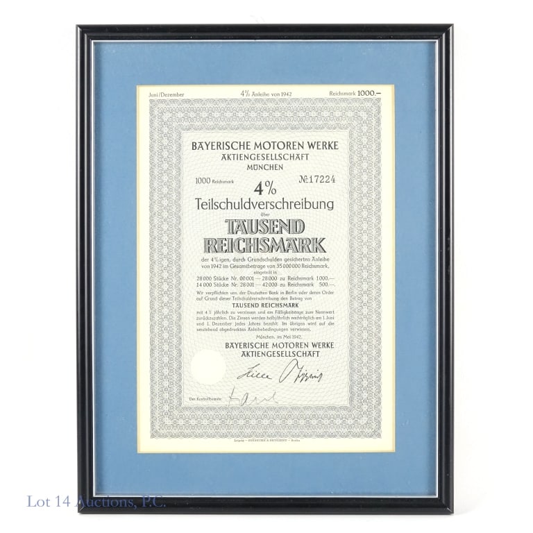 1942 BMW Stock Certificate (1 of 3)