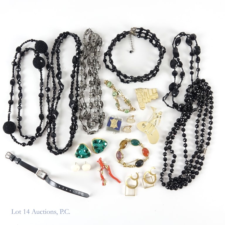 Fashion Costume Jewelry - Onyx Style Beads & More: Lot of fine costume jewelry, including pins, bracelets, a watch, and several beaded necklaces, some of which have onyx or onyx style beads. Total weight of lot is approximately 1lb. 2.5oz. See photos