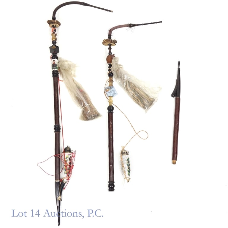 German Imperial Regimental Pipes W Porcelain Bowls: Two (2) German Imperial Regimental pipes. Wood stems, horn mouthpieces, antler pommels and porcelain bowls. Bowls are elaborately decorated and feature the reservist's name along the names of other