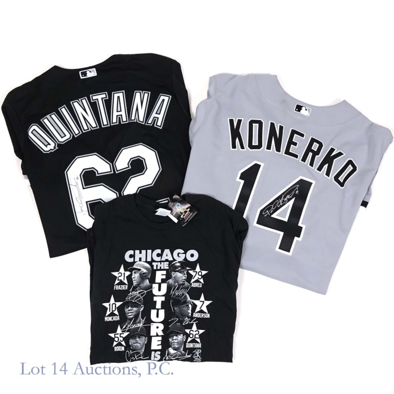 White Sox Konerko & Quintana Signed Jerseys: Jose Quintana size Large Majestic jersey signed by Quintana on the backside across the number 6 with a black Sharpie type marker. This jersey has a paper certificate stating the jersey was signed at