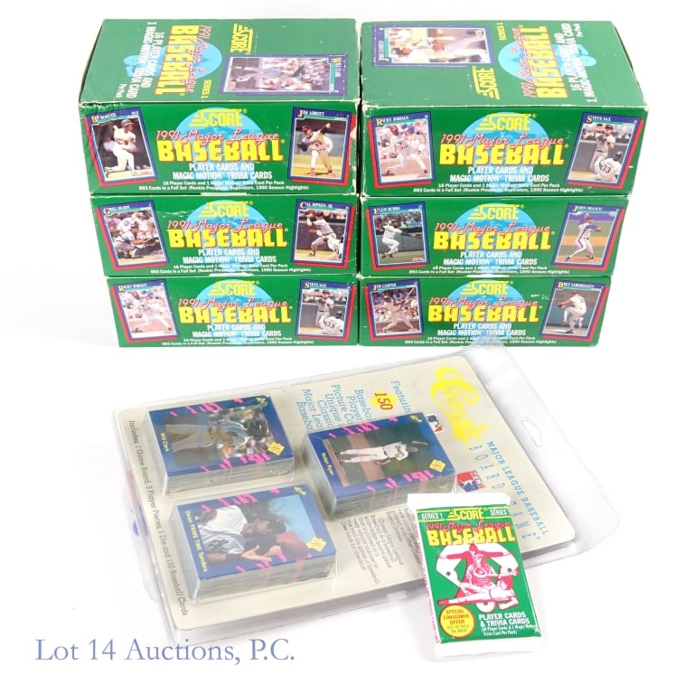 1991 Score Baseball Card Wax Boxes (6) +: Six (6) wax boxes of 1991 Score Series 1 baseball cards. All boxes appear to be properly filled with packs. All of the boxes are intact, but some of the cover displays are partially punched for