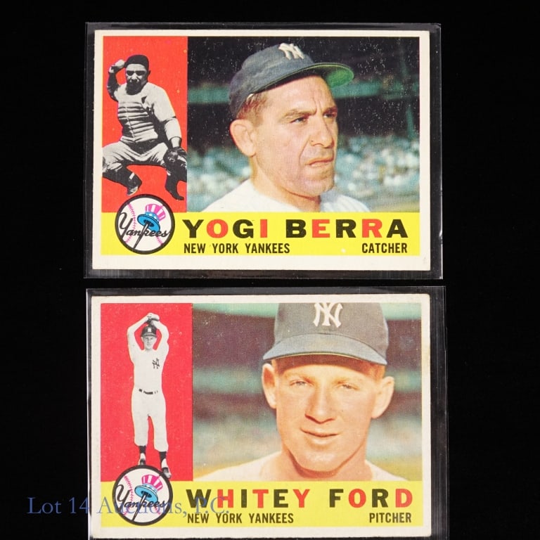 1960 Topps Yogi Berra and W. Ford Baseball Cards: Two (2) 1960 Topps baseball cards which retain considerable eye appeal: #35 Whitey Ford. Above average centering. Corners are busted (most notably the upper left corner). Some light roughness on